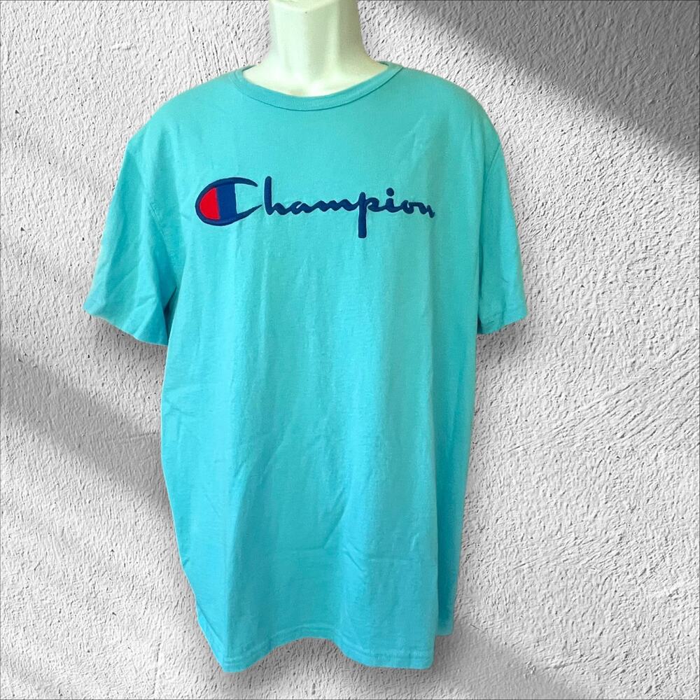 Champion Embroidered T-Shirt Aqua Blue Crewneck Short Sleeve Cotton Size XL